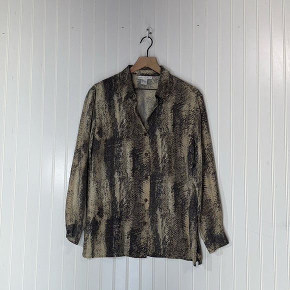 Anna and Frank 100% Silk Blouse L Snake Print Button Up Long Sleeve Neutral Top - Picture 1 of 8